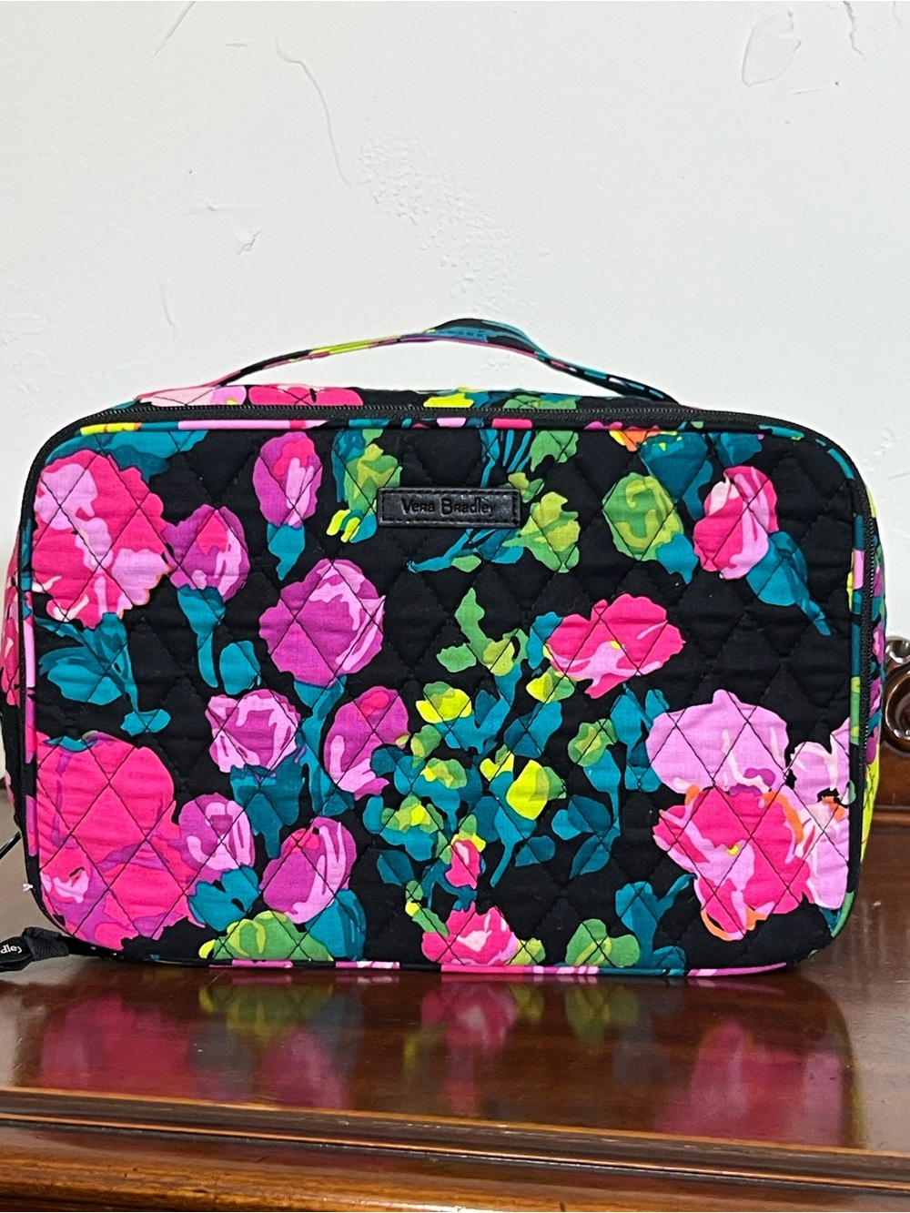 Vera Bradley Black Floral Quilted Top Handle Cosmetic Case in Pink, Green & Teal